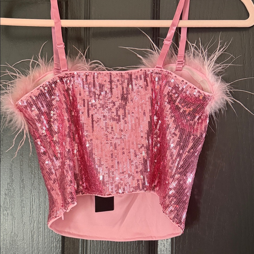 Lulu's Pink Sequin Feather Trim Tank Top - Picture 5 of 6